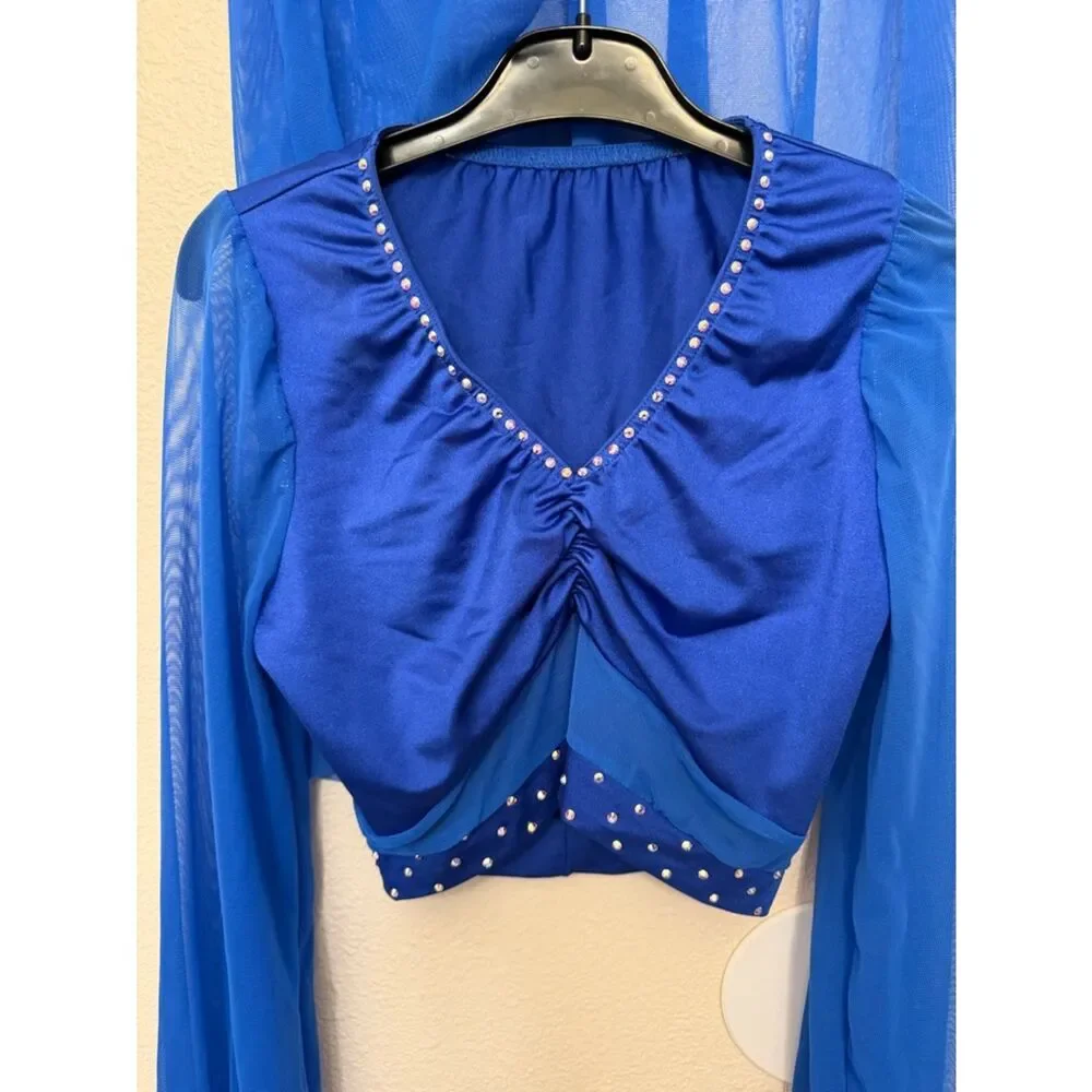 Kelle dance costume blue 2 piece Ocean Eyes 4302 skirt top MA-Medium adult